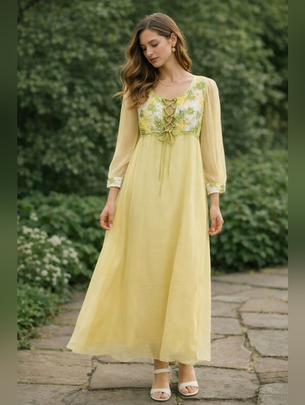 70s vintage, floral chiffon maxi, cottagecore, boho chic, prairie dress ,Small